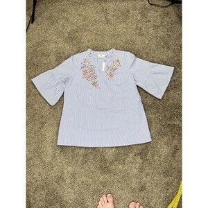Quacker Factory by Jeanne Bice Floral Pop Over Blouse Top Striped Blue M